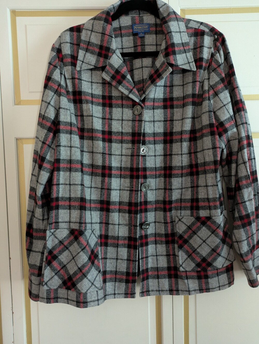 Pendleton Women's XL Grey Plaid Wool Pea Coat with Red Accents
